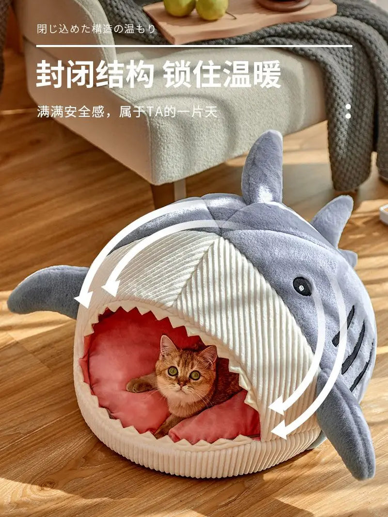 Dog Cat Beds Mats Kennel Warm Winter Semi-Closed Medium Small Dog Cartoon Shark Shape Pet Products Supplies